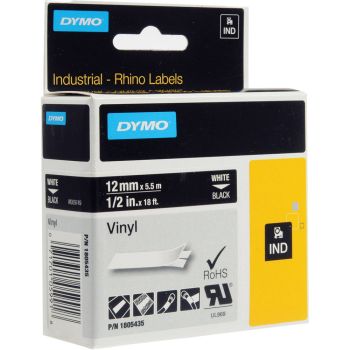 DYMO Rhino 1805435 - 12mm x 5.5m - White on Black Vinyl Tape