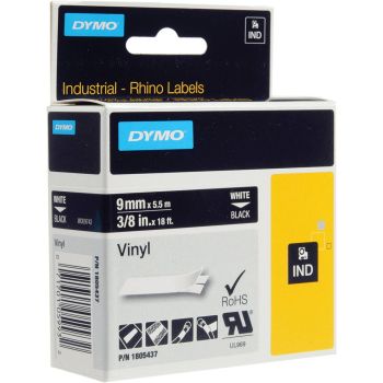 DYMO Rhino 1805437 - 9mm x 5.5m - White on Black Vinyl Tape
