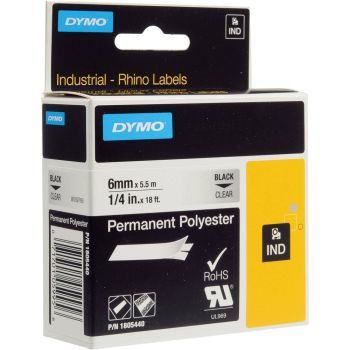 DYMO Rhino 1805440 - 6mm x 5.5m - Black on Clear Permanent Polyester Tape