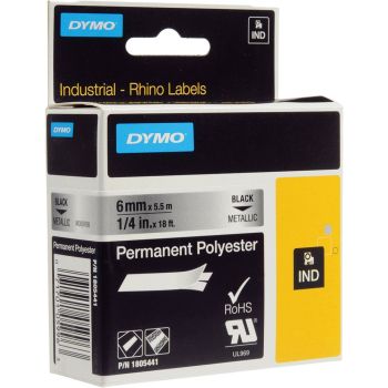 DYMO Rhino 1805441 - 6mm x 5.5m - Black on Metallic Permanent Polyester Tape