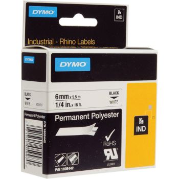 DYMO Rhino 1805442 - 6mm x 5.5m - Black on White Permanent Polyester Tape