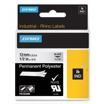 DYMO Rhino 622289 - 12mm x 5.5m - Black on Clear Permanent Polyester Tape