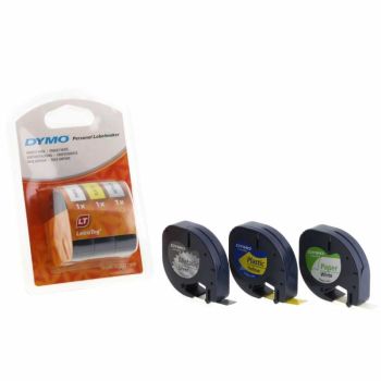 DYMO S0721790 12mm x 4m - Black on White Paper, Yellow Plastic, Silver Metallic (3 Pack) Tapes