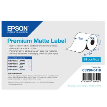 Epson C33S045418 Premium Matte Label - 76mm x 35m