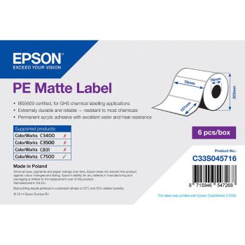 Epson C33S045716 PE Matte Die-cut Label Roll 76mm x 127mm (960 labels)