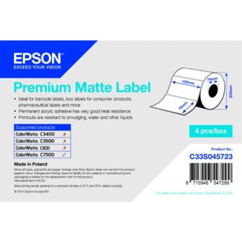Epson C33S045723 Premium Matte Die-cut Label Roll 102mm x 76mm (1570 labels)