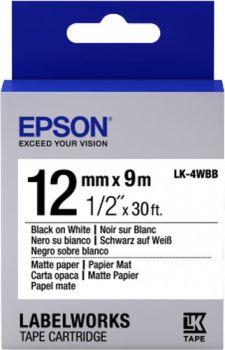 Epson 12mm LK-4WBB Black on White Matte Tape (9 Meter Roll) C53S654023