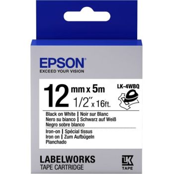 Epson 12mm LK-4WBQ Black on White Iron on Tape (5 Meter Roll) C53S654024