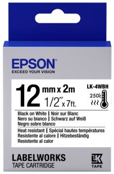 Epson 12mm LK-4WBH Black on White Heat Resistant Tape (2 Meter Roll) C53S654025