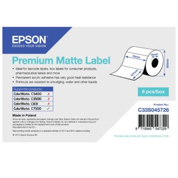 Epson C33S045726 Premium Matte Label Die-Cut Roll 76mm x 127mm (960 labels)