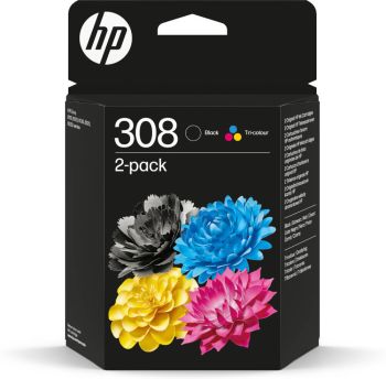 HP 308 Black & Tri-Colour Ink Value Pack CMY (120 Pages*) Black (160 Pages*) 6L6S6UE