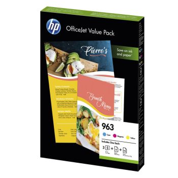 HP 963 CMY Standard Yield Ink Cartridge Multipack + Paper 6JR42AE