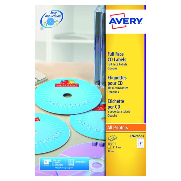 Avery White Full Face CD DVD Laser Label 2 Per Sheet (50 Pack) L7676-25 ...