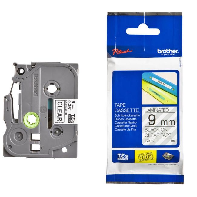 Brother TZ121 & TZE121 9mm Gloss Black On Clear Tape Printer Base