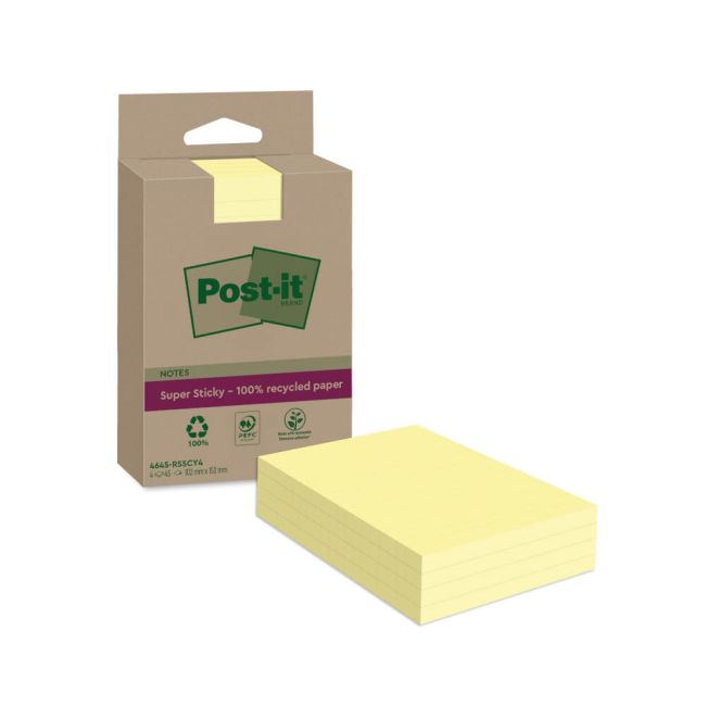 Post-it Super Sticky Recycled Notes Lined 102x152mm 45 Sheets Canary Yellow (Pack of 4) 4645-RSSCY4 image 1