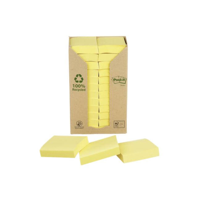 Post-it Recycled Notes 38x51mm 100 Sheets Cardboard Packaging Canary Yellow (Pack of 24) 653-1T image 1