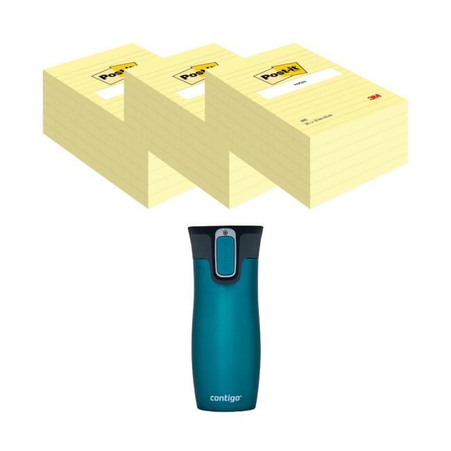 Post-It Notes XXL 101x152mm Lined Yellow 3x6 Pads (Pack of 18) + FOC Contigo Travel Mug image 1