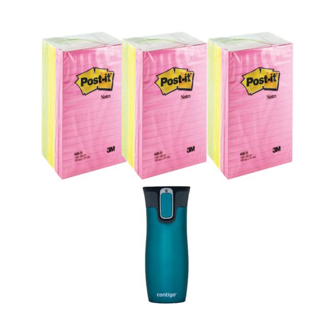 Post-It Notes XXL 101x152mm Lined Neon 3x6 Pads (Pack of 18) + FOC Contigo Travel Mug image 1