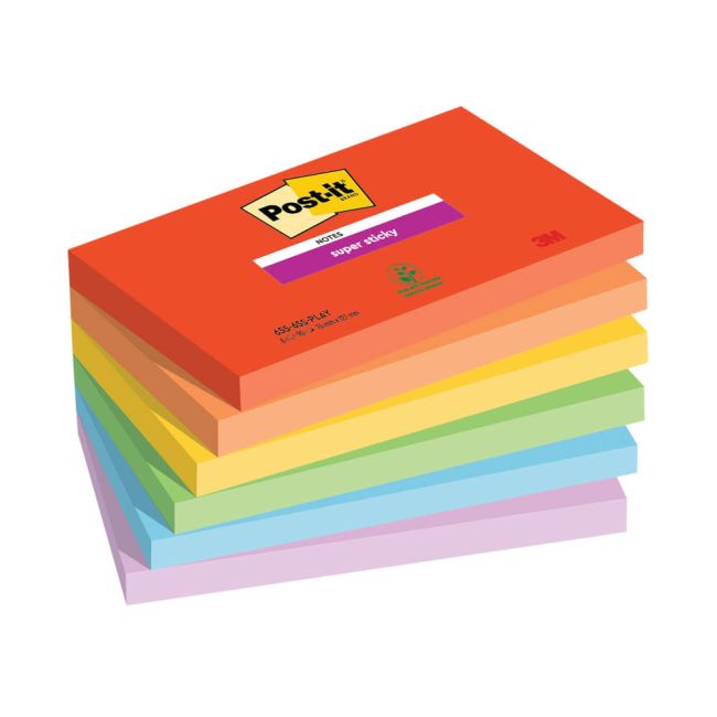 Post-It Super Sticky Notes 90 Sheets 76x127mm Playful Colours Assorted (Pack of 6) 655-6SS-PLAY image 1