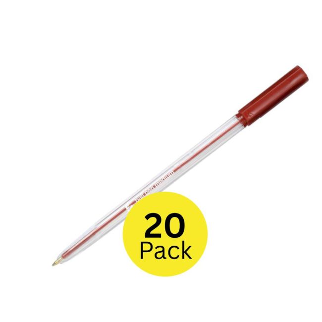 5 Star Office Ball Pen Clear Barrel Medium 1mm Tip 0.7mm Line Red (Pack of 20)