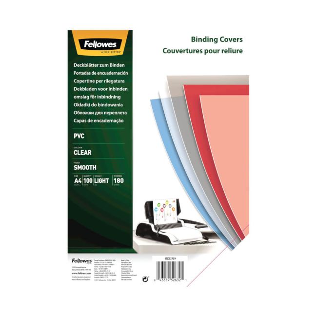 Fellowes Recycled A4 PVC Binding Covers Clear 180 Micron (Pack of 100) 5375901 image 1