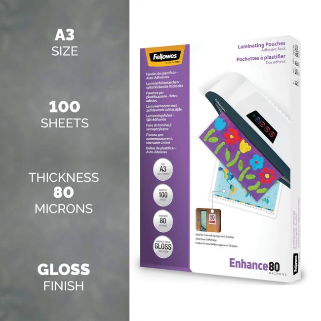 Fellowes Enhance80 Self Adhesive Laminating Pouch A3 160 Micron Total Gloss (Pack of 100) 5302302 image 2