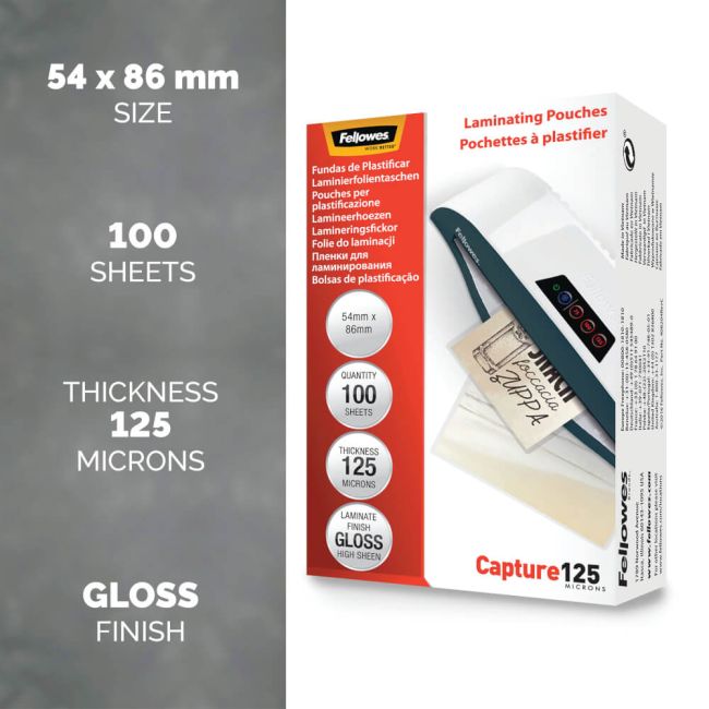 Fellowes 54x86mm Capture Gloss Laminating Pouches 250 Micron (Pack of 100) 53063 image 2