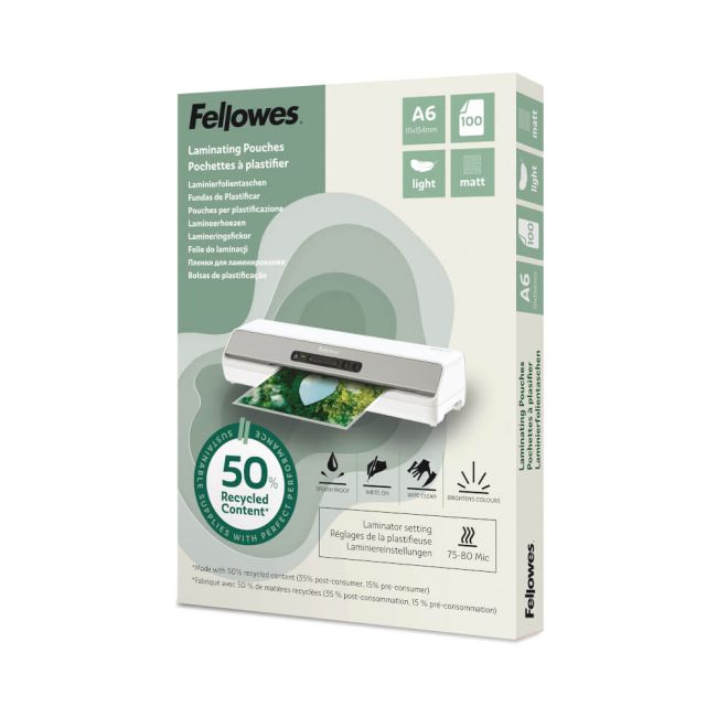 Fellowes Recycled A6 Laminating Pouches Matt 80 Micron (Pack of 100) 100143438 image 1