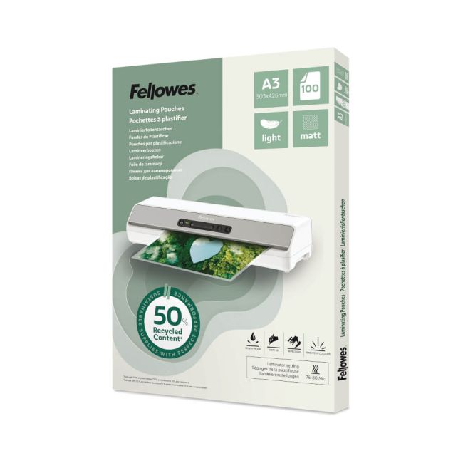Fellowes Recycled A3 Laminating Pouches Matt 80 Micron (Pack of 100) 100143436 image 1