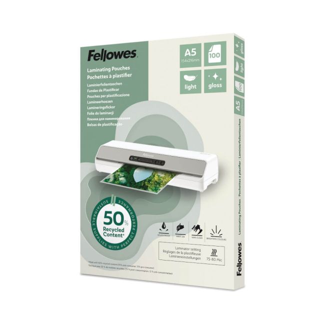 Fellowes Recycled A5 Laminating Pouches Gloss 80 Micron (Pack of 100) 100143440 image 1