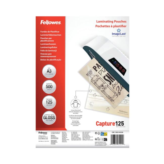 Fellowes Laminating Pouches 250 Micron Total Thickness Gloss A3 (Pack of 500) 100144250 image 1