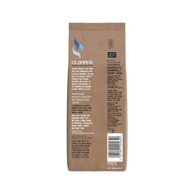 Clipper Fairtrade Decaffeinated Coffee Roast and Ground Organic 227g CTN268 image 2