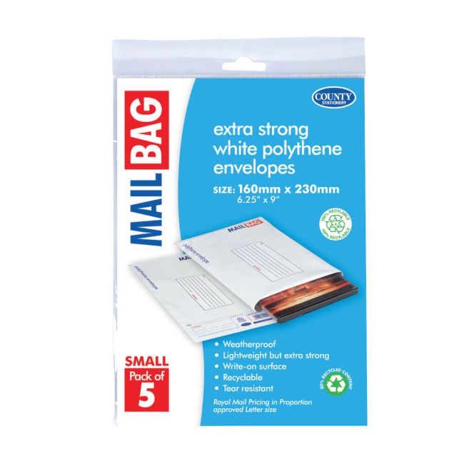 County Stationery Mail Bag Polythene Envelopes x5 White Small 160x230mm (Pack of 10) C260 image 1