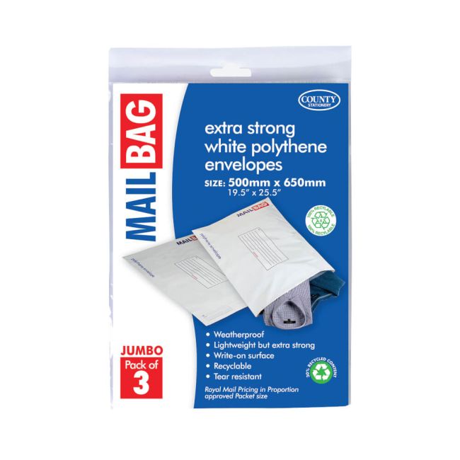 County Stationery Mail Bag Polythene Envelopes x3 White Jumbo 500x650mm (Pack of 10) C263 image 1