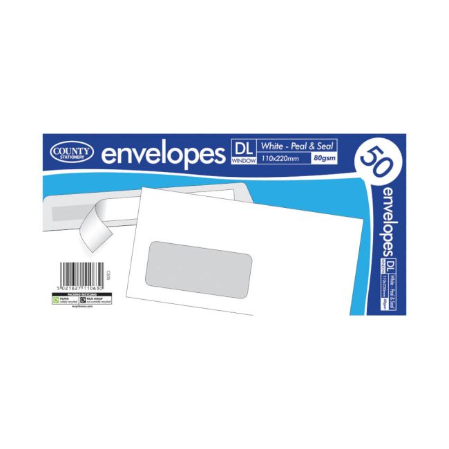 County Stationery DL Window Peel and Seal Envelopes x50 White (Pack of 20) C505 image 1