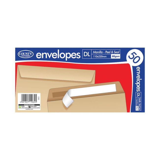 County Stationery DL Manilla Peel and Seal Envelopes x50 (Pack of 20) C520 image 1