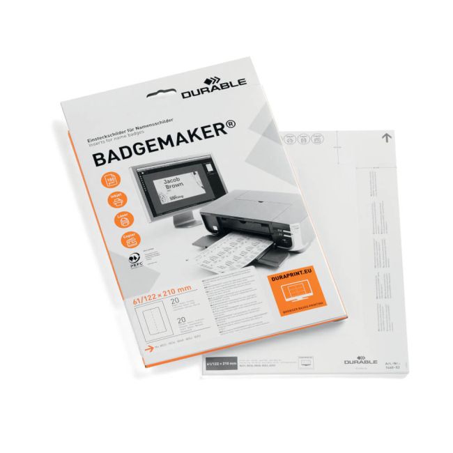 Durable Badgemaker Insert Sheets 61x210mm 150gsm White (Pack of 20) 146002 image 1