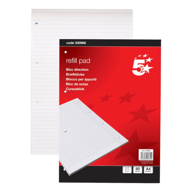 5 Star Office Refill Pad Headbound 60gsm Ruled Margin Punched 4 Hole 160pp A4 Red/White (Pack of 10) image 1