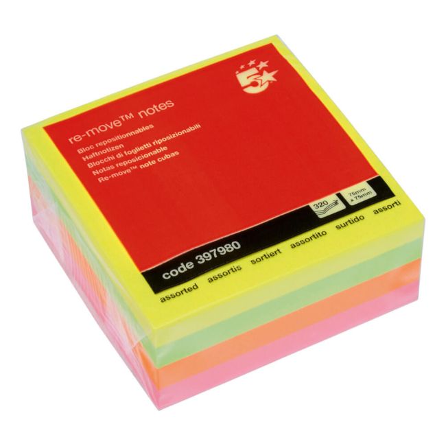 5 Star Sticky Notes Removable Cube Neon Rainbow 76x76mm 397980 image 2