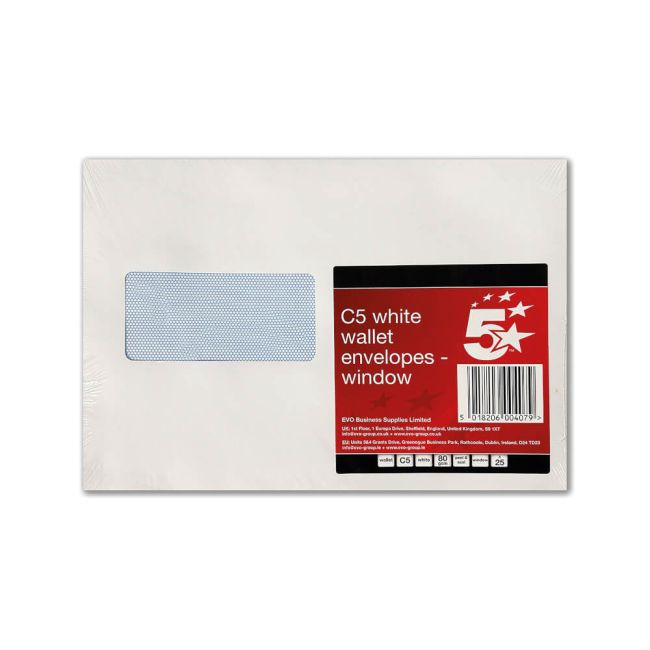5 Star C5 Envelopes Window Pocket Peel and Seal 80gsm White (Pack of 25) FS600407 image 1