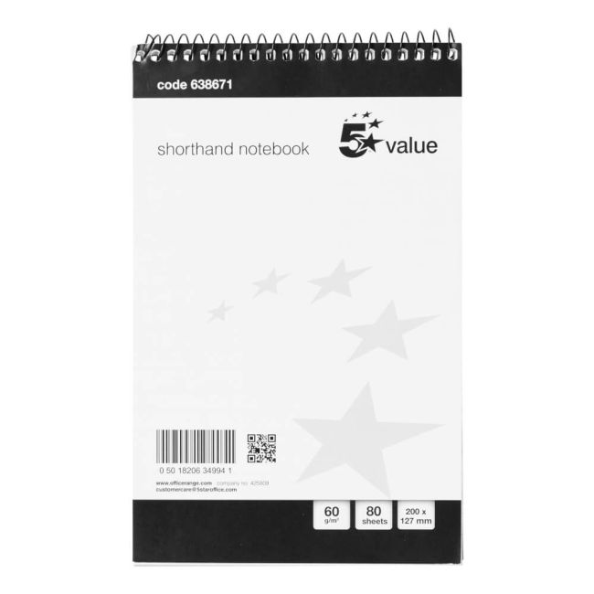 5 Star Shorthand Pad Wirebound 60gsm Ruled 160pp 127x200mm Black/White (Pack of 10) image 1