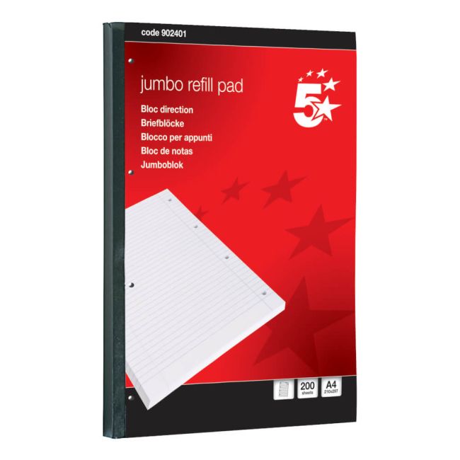 5 Star Office Jumbo Refill Pad Sidebound 60gsm Ruled Margin Punched 4 Holes 400pp A4 Red (Pack of 4) image 1