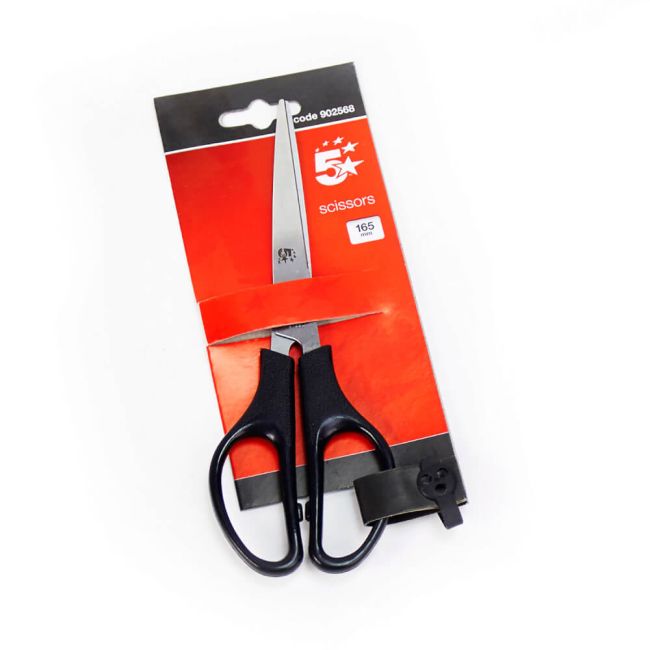 5 Star Office Scissors 165mm Stainless Steel Blades PP Handles Black image 1
