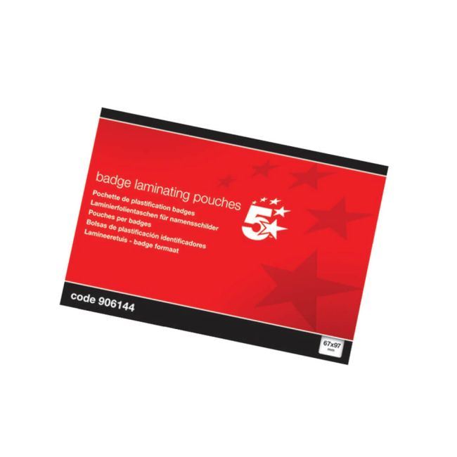 5 Star Office Laminating Pouches 250 Micron Badge Size67X97Mm) Gloss (Pack of 100) image 1
