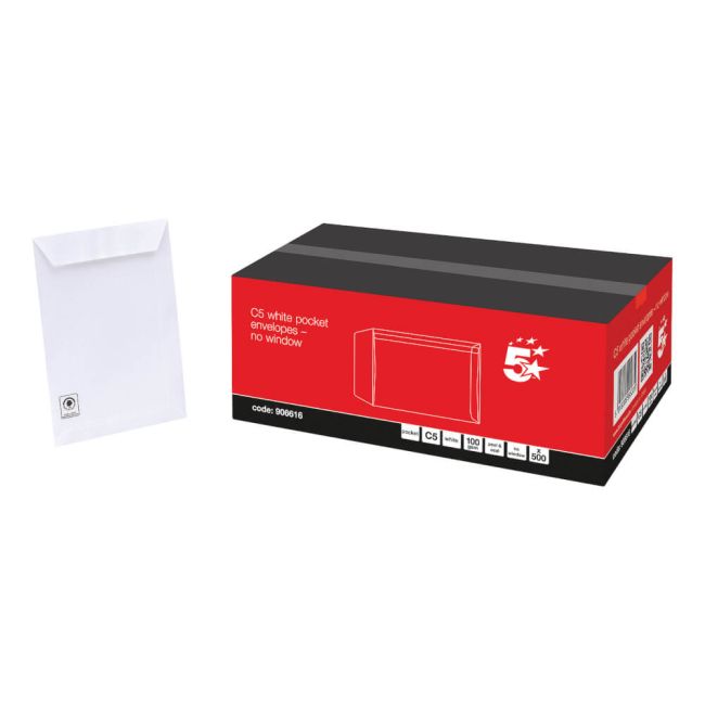 5 Star Office Envelopes Pocket Peel/Seal 100gsm C5 229x162mm White (Pack of 500) image 2