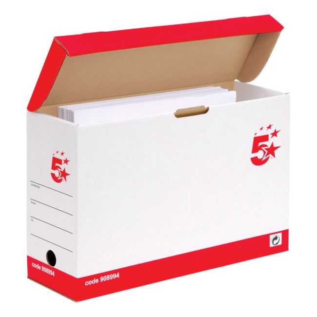 5 Star Transfer Case Hinged Lid Foolscap Self-Assembly 133x401x257mm Red/White (Pack of 20) 908994 image 1