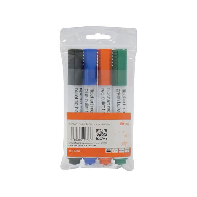 5 Star Office Flipchart Marker Bullet Tip Water-based 2mm Line Wallet Assorted Colours (Pack of 4) image 1