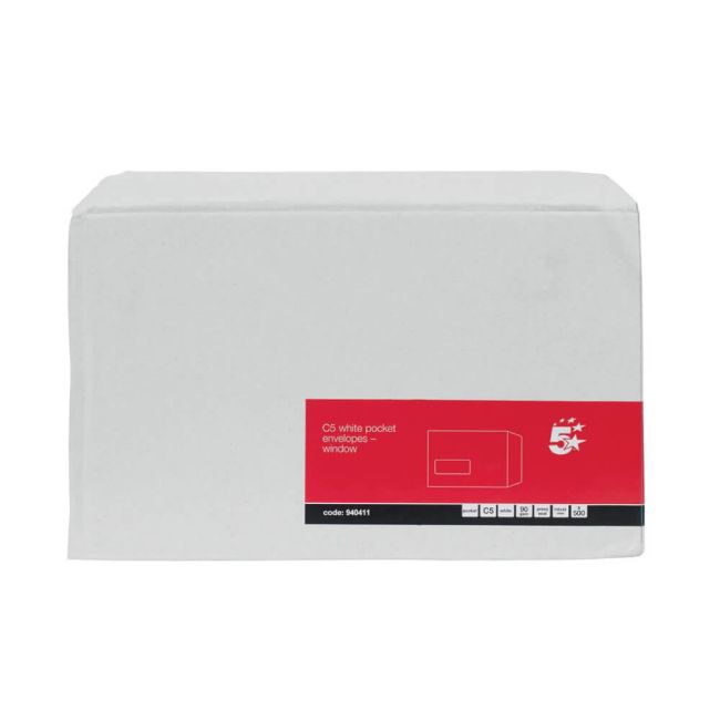 5 Star Office Envelopes Pocket Self Seal Window 90gsm C5 229x162mm White (Pack of 500) image 1