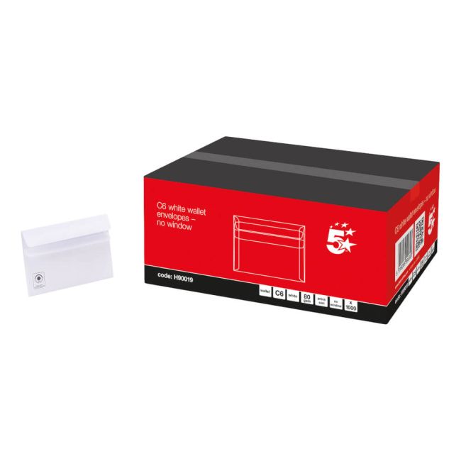 5 Star Office Envelopes Recycled Wallet Self Seal Lightweight C6 114x162mm White (Pack of 1000) image 1