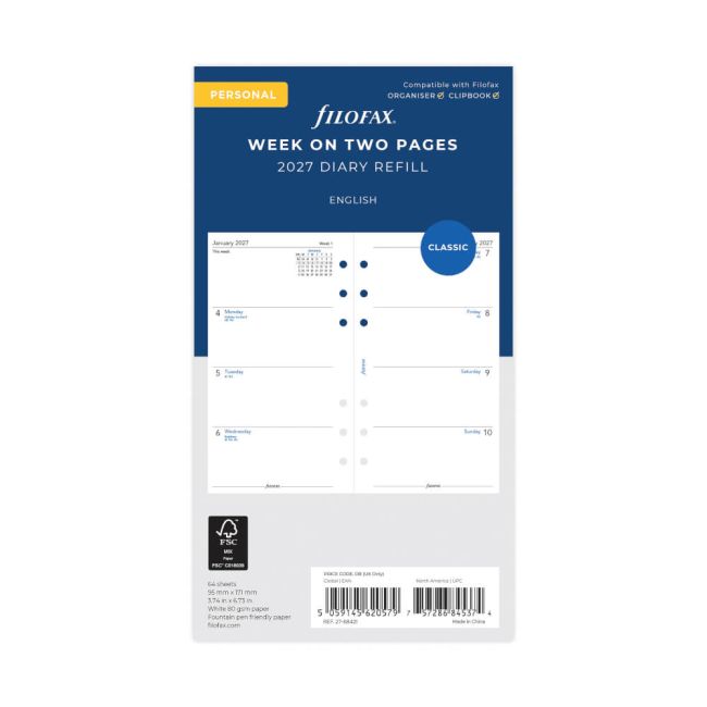 Filofax Refill Week To View Personal White 2027 27-68421 image 1